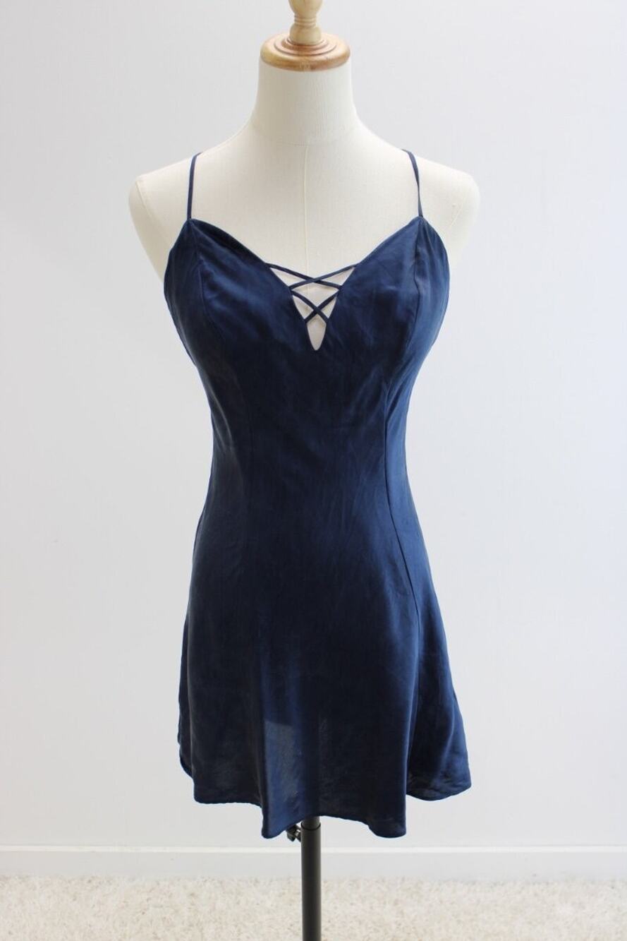 VTG Victoria's Secret Nightie S All Silk Blood Navy Blue Gold Label Slip Dress